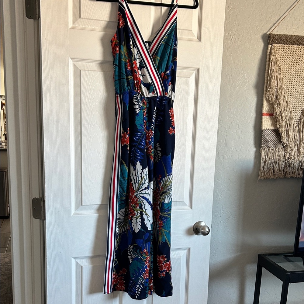 Tropical Navy Floral Romper with Striped Trim